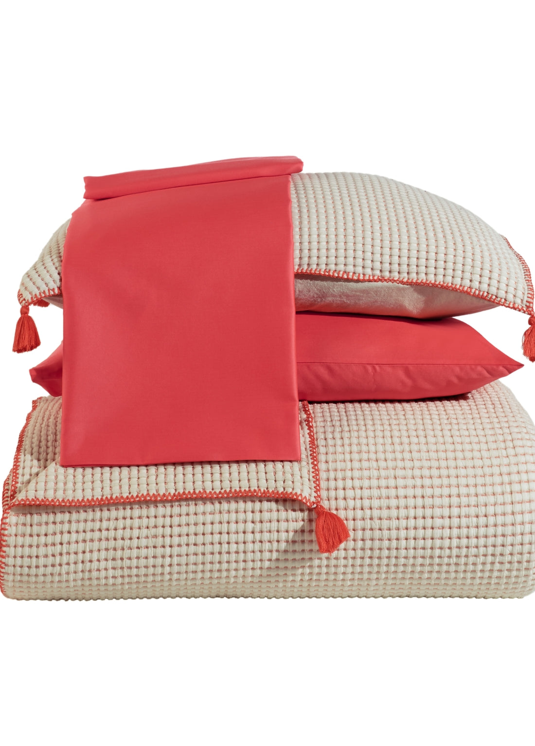 Drina Tek Kişilik Püsküllü Yatak Örtüsü Seti - Mercan