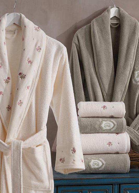 Vanessa Kadife Pamuk 6 Parça Krem Bej Bornoz Seti