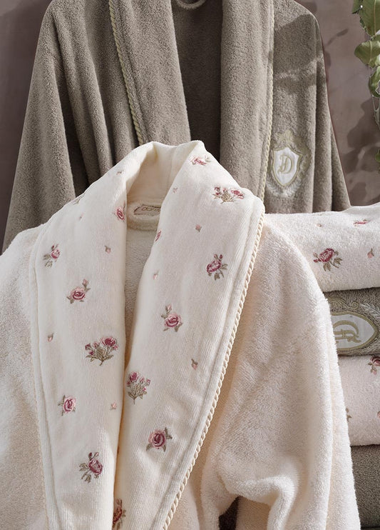 Vanessa Kadife Pamuk 6 Parça Krem Bej Bornoz Seti