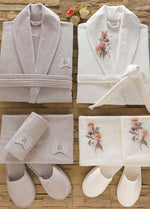 Anetta 3d 6 Parça Nakışlı Bambu Bornoz Seti - Krem/Taş