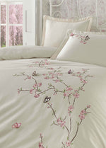 Butterfly 3D Nakışlı Pamuk Saten Nevresim Takımı - Bej