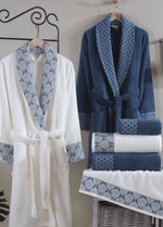 Dream 6'lı Jakarlı Pamuk Bornoz Seti - Krem/Lacivert