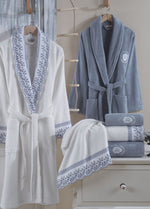 Lima 6'lı Nakışlı Pamuk Bornoz Seti - Krem/Mavi