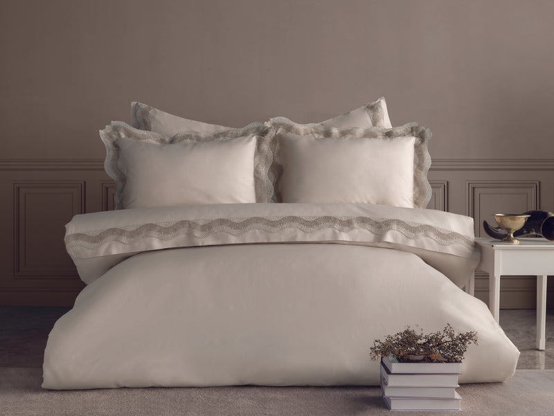 Alezya Pamuk Saten Çift Kişilik Güpürlü Nevresim Takımı - Bej