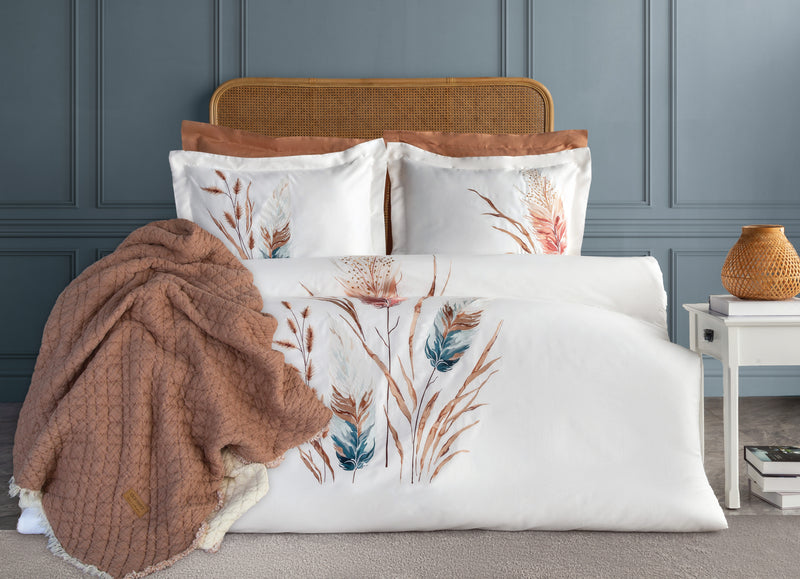 Bohem Nakışlı Çift Kişilik Nevresim Takımı&Yatak Örtüsü Seti - Krem