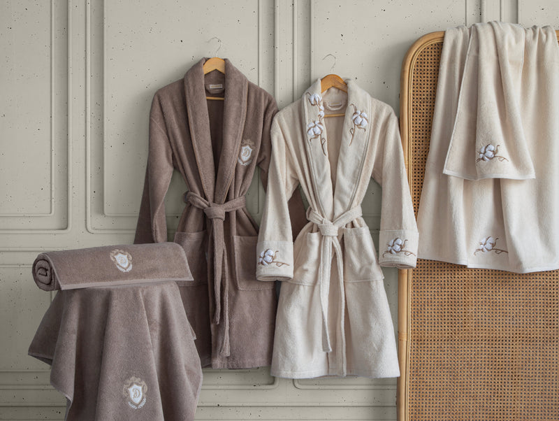 Cameron  6'lı Nakışlı Pamuk Bornoz Seti - Kahve/Bej