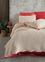 Drina Çift Kişilik Püsküllü Yatak Örtüsü Seti - Mercan