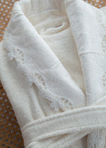 Cındy 6'lı Brode Güpürlü Pamuk Bornoz Seti - Krem/Krem