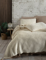 Drina %100 Pamuk Çift Kişilik Püsküllü Müslin Yatak Örtüsü & Pike Seti Bej