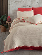 Drina %100 Pamuk Çift Kişilik Püsküllü Müslin Yatak Örtüsü & Pike Seti Mercan