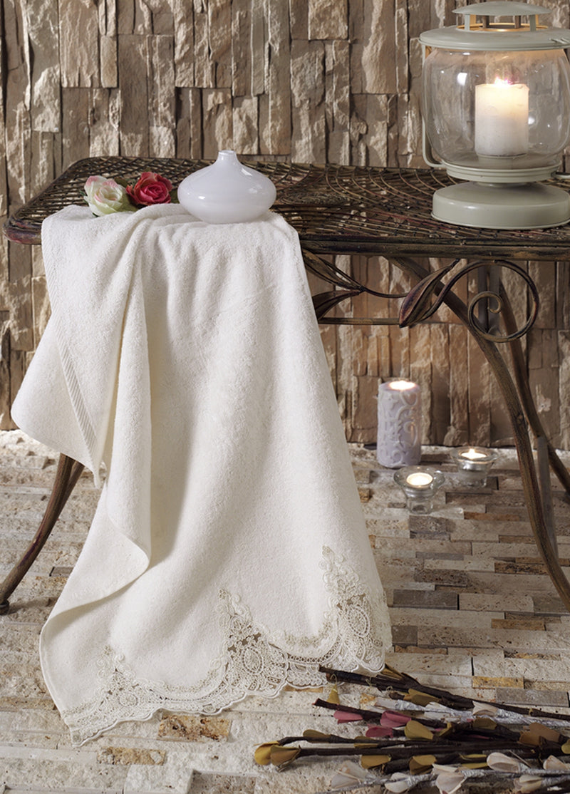 KOD-1070 50 X 90 FRANSIZ GİPÜRLÜ BAMBU 6 ADET EL HAVLUSU - KREM