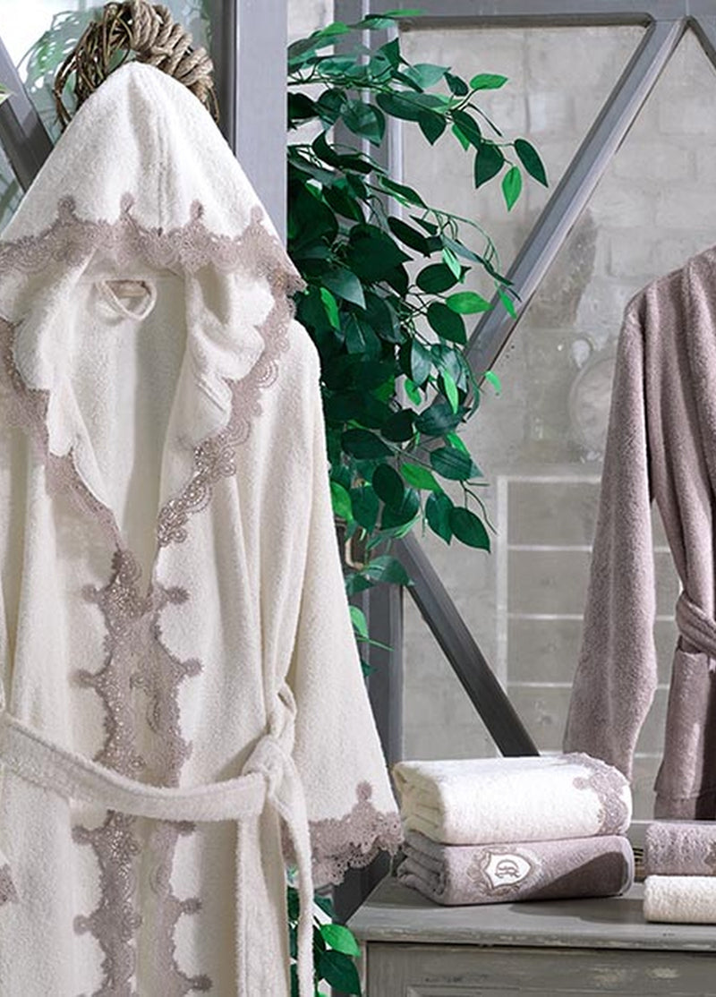 Almira 6 Parça Güpürlü Bambu Bornoz Seti - Krem/Kiremit