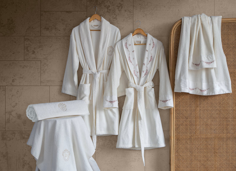 Hera 6'lı Nakışlı Pamuk Bornoz Seti - Krem/Krem