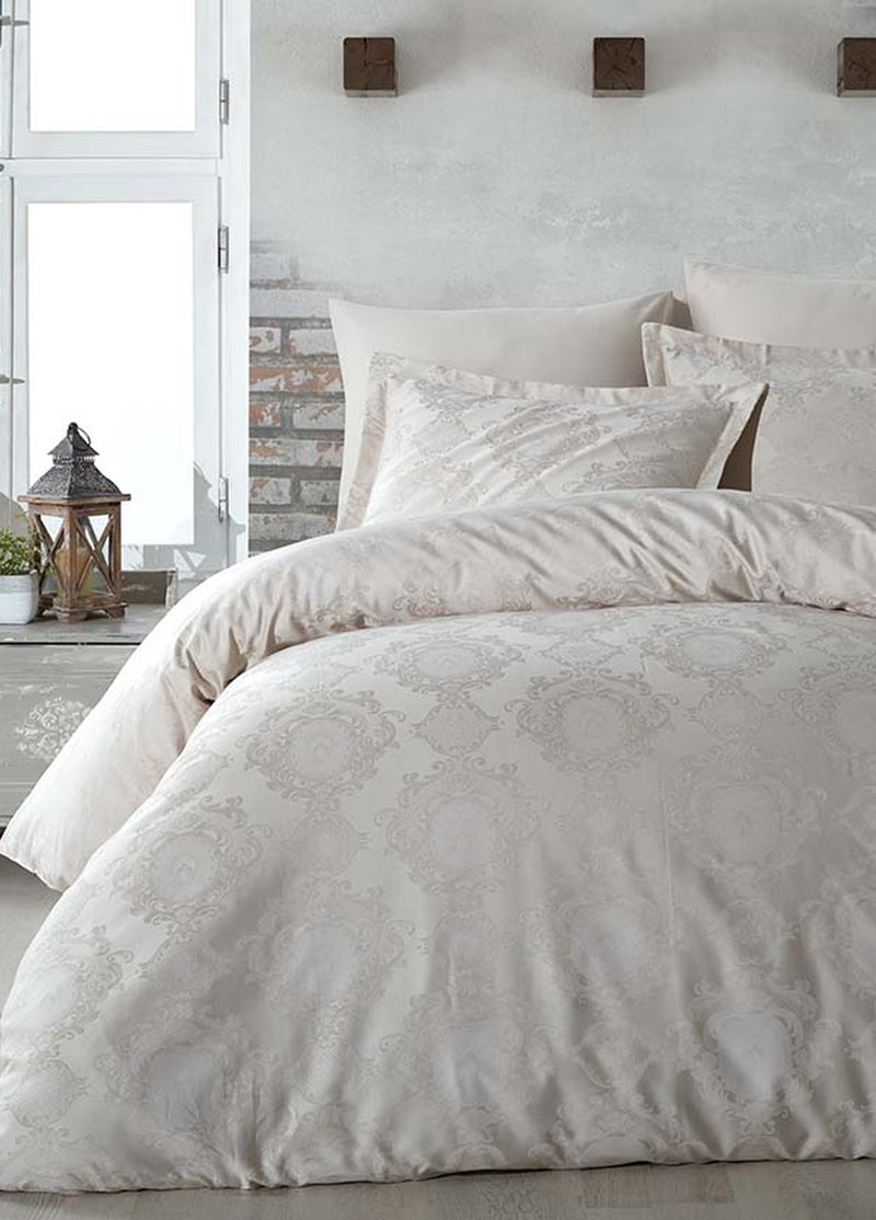 Louısa Jakarlı Pamuk Saten Nevresim Takımı - Bej