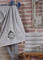 KOD-6001  50 x 90  FRANSIZ GÜPÜRLÜ NAKIŞLI BAMBU HAVLU (6'LI) - GRİ