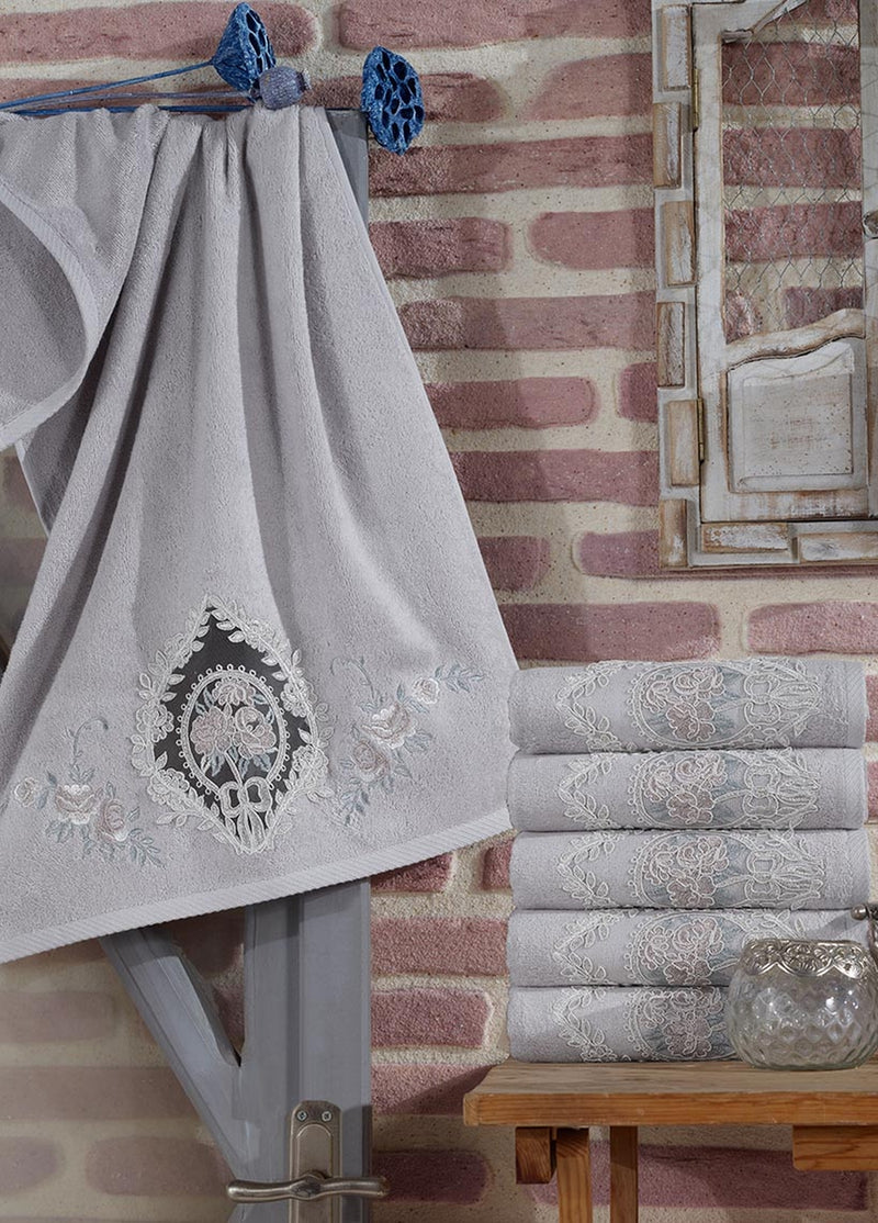 KOD-6001  50 x 90  FRANSIZ GÜPÜRLÜ NAKIŞLI BAMBU HAVLU (6'LI) - GRİ