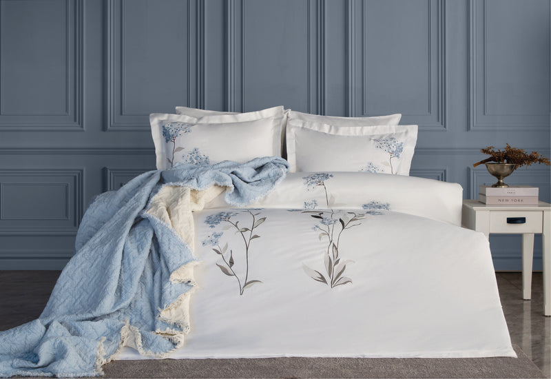 Lavinya Nakışlı Nevresim&Yatak Örtüsü Seti - Mavi