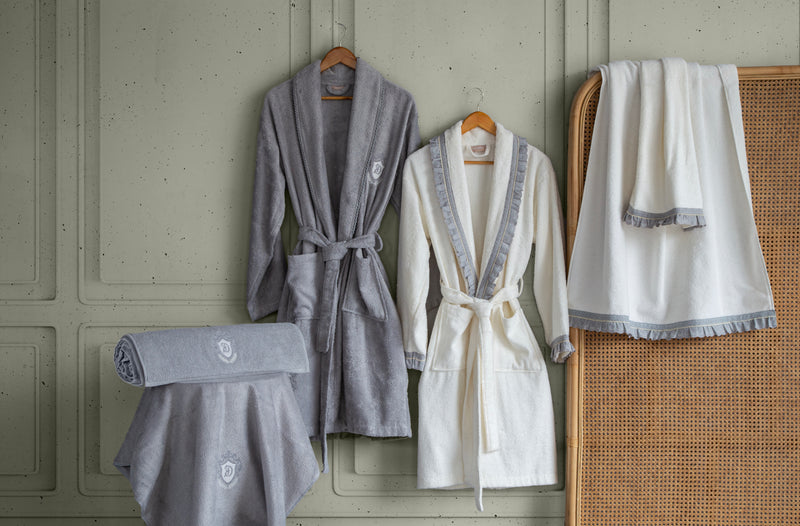 Layla 6'lı Güpürlü Pamuk Bornoz -  Seti Krem/Mavi