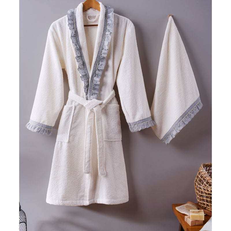 Layla Tek Kadın Pamuk Bornoz -  Krem/Gri