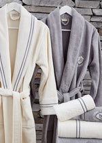 Line 6 Parça Nakışlı Pamuklu Bornoz Seti - Krem/Gri