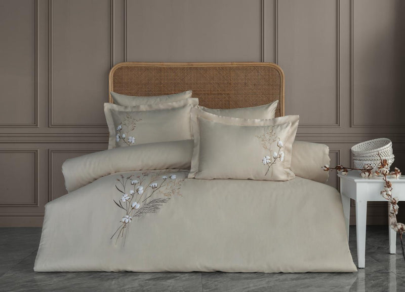 Moneda Nakışlı Çift Kişilik Pamuk Saten Nevresim Takımı - Bej