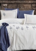 Pamira Nakışlı Pamuk Saten Beyaz-Lacivert Nevresim Takımı