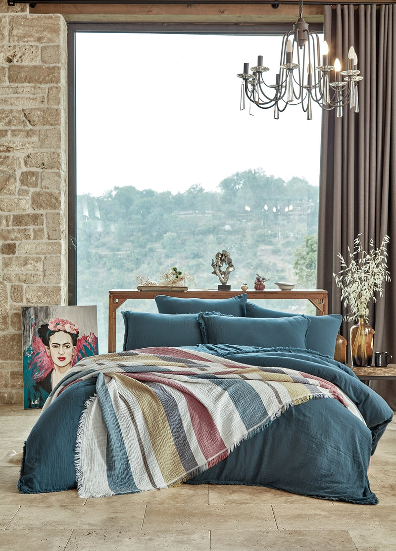 Shıne&Glorıa Pamuk Çift Kişilik Müslin Nevresim&Yatak Örtüsü Takımı - Petrol Mavisi