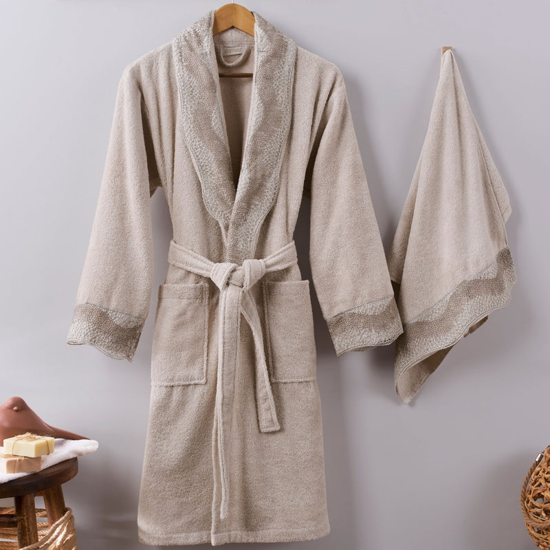 Pare Tek Kadın Pamuk Güpürlü Bornoz - Bej