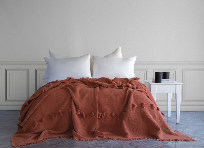 Plume Ponponlu Yatak Örtüsü - Kiremit