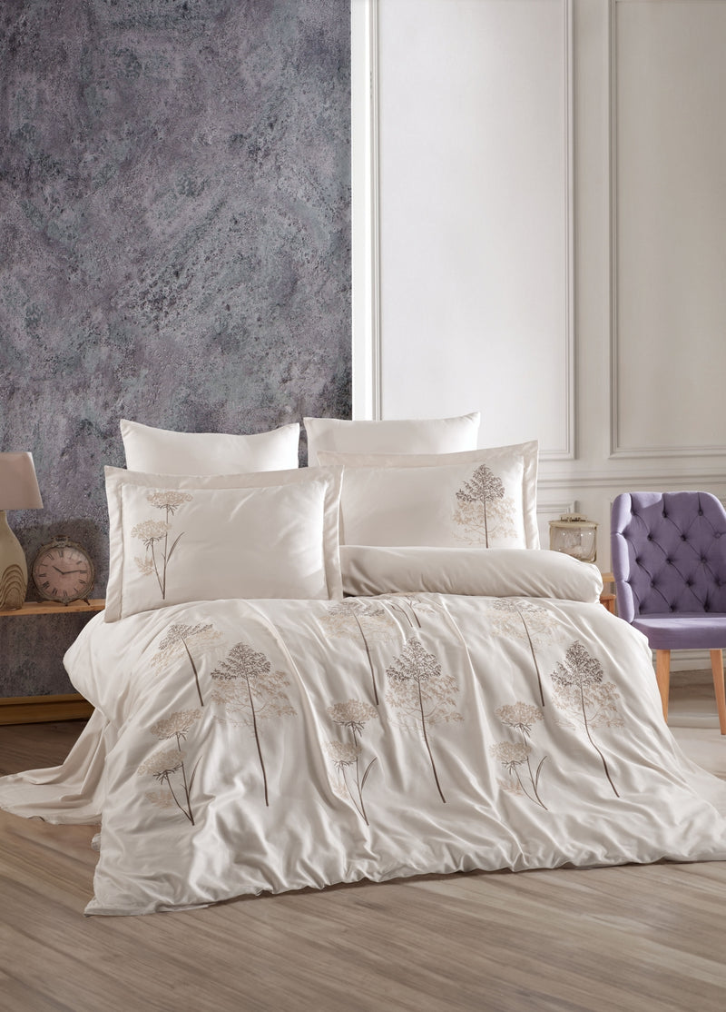 Zümra Nakışlı Pamuk Saten Nevresim Takımı - Bej